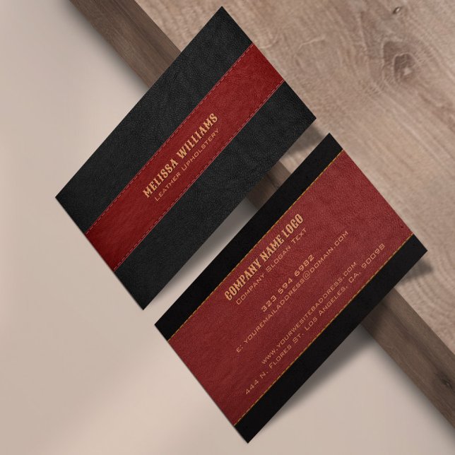 Red & Black Stitched Leather Texture Business Ca Card (Creator Uploaded)