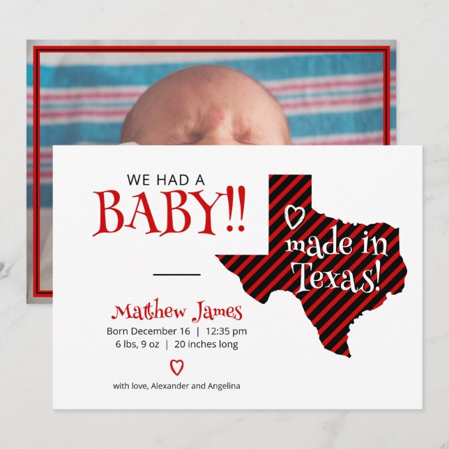 Red/Black Striped Made in Texas Photo Baby Announcement (Front/Back)