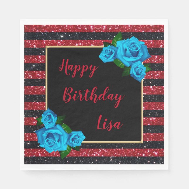 Red Black Stripes Glitter Blue Roses Birthday Napkin (Front)