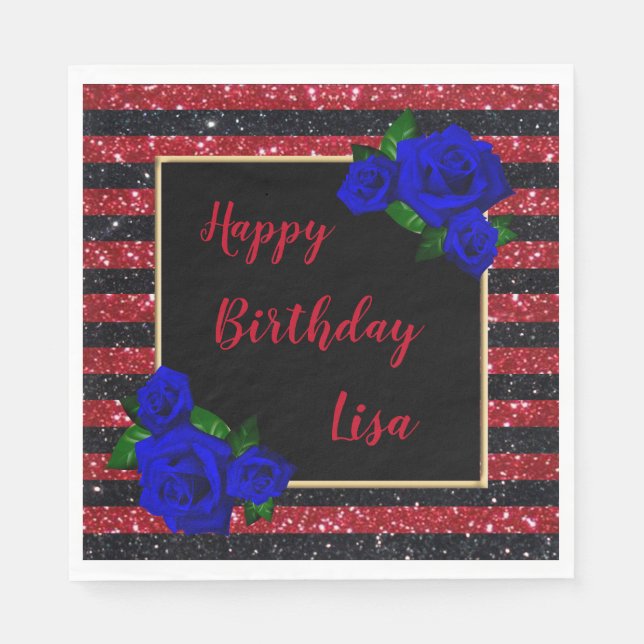Red Black Stripes Glitter Deep Blue Roses Birthday Napkin (Front)