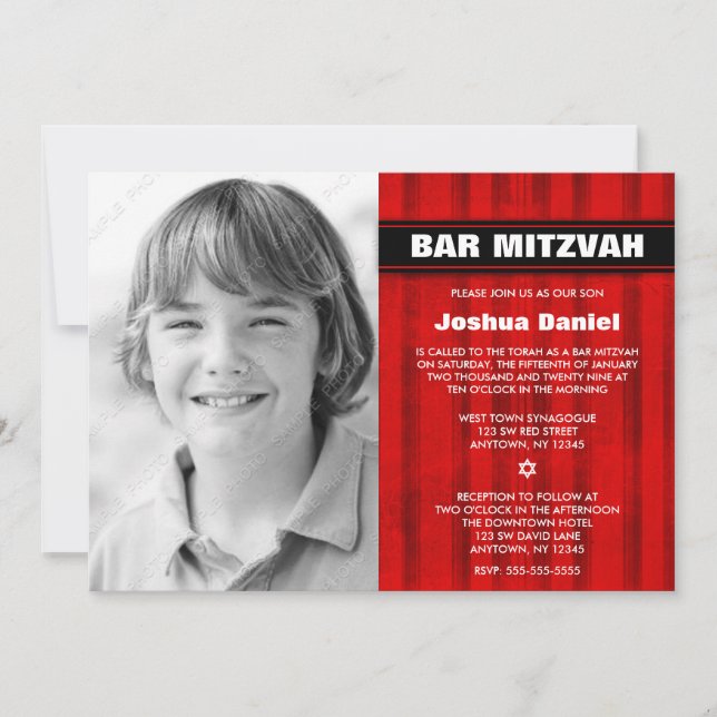 Red Black Stripes Photo Bar Mitzvah Invitations (Front)