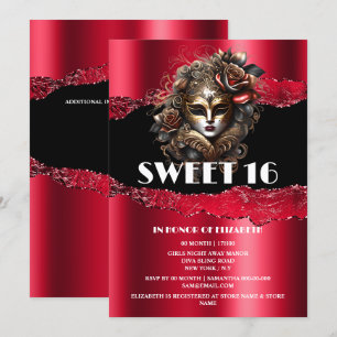 Red black sweet 16 girls masquerade mask 3D glam Invitation