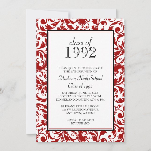 Red Black Swirl Damask Class Reunion Invitations (Front)