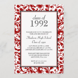 Red Black Swirl Damask Class Reunion Invitations
