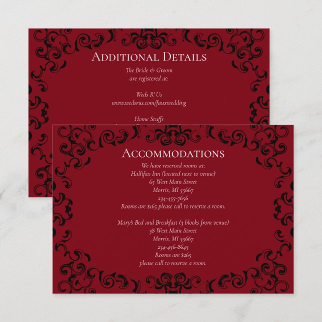 Red Black Swirl Gothic Wedding Enclosure Card (Front/Back)