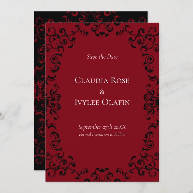 Red & Black Swirl Gothic Wedding Invitation (Front/Back)
