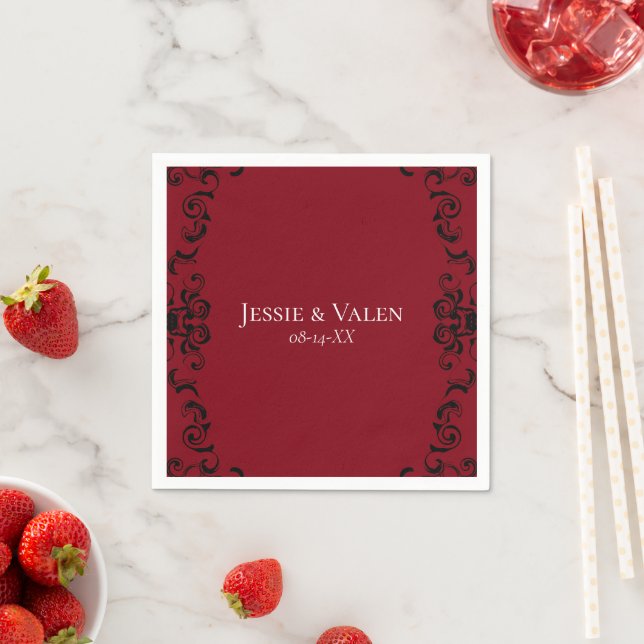 Red & Black Swirl Gothic Wedding Napkin (Insitu)