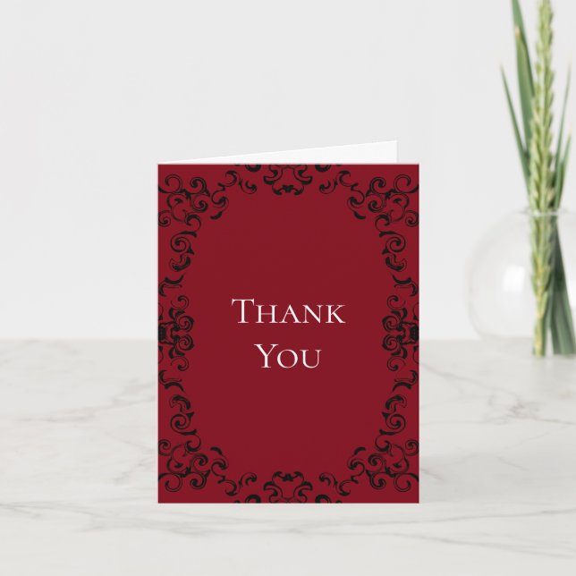 Red & Black Swirl Gothic Wedding Thank You Card (Front)
