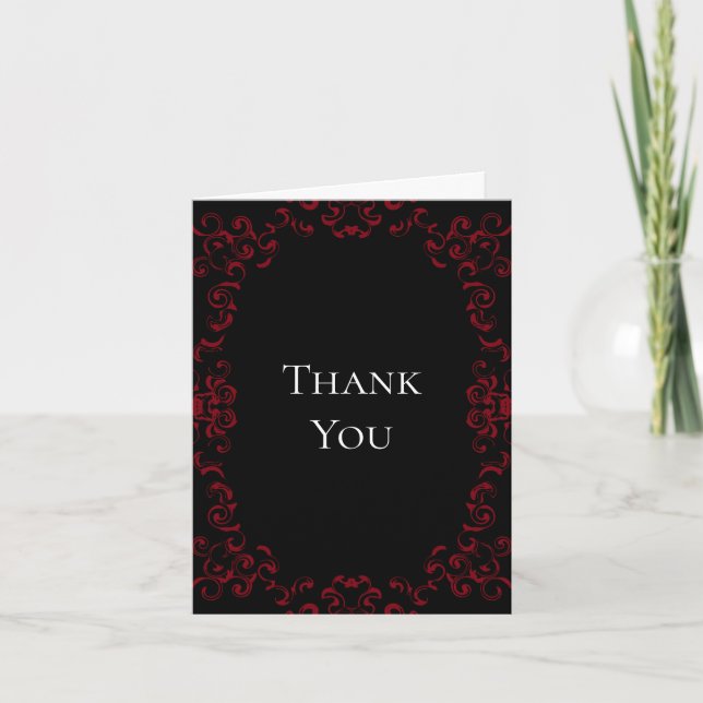 Red & Black Swirl Gothic Wedding Thank You Card (Front)