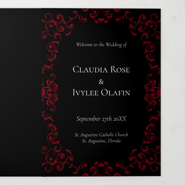 Red & Black Swirl Gothic Wedding Tri-Fold Programme (Cover)