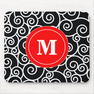 Red Black Swirl Monogram Mouse Pad. Pad