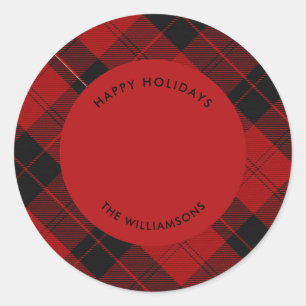 Red Black Tartan Custom Name Message Classic Round Sticker