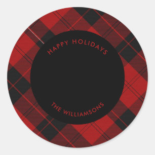 Red Black Tartan Custom Name Message Classic Round Sticker