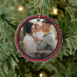 Red black tartan photo personalised christmas ceramic ornament<br><div class="desc">Christmas red and black tartan plaid stylish elegant holiday decor ornament. Gold effect script text. Modern traditional design.</div>