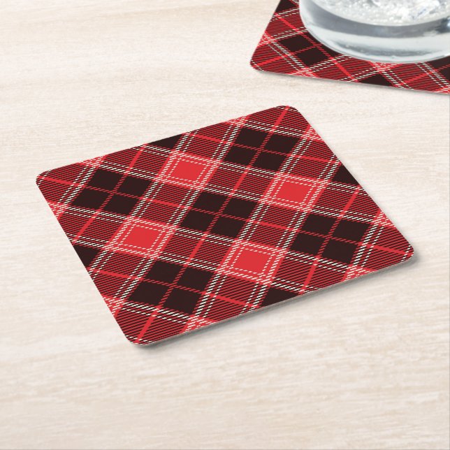 Red  Black Tartan  Square Paper Coaster (Angled)