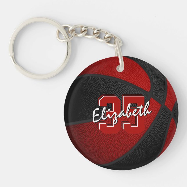 red black team colours girls boys basketball key ring (Front)