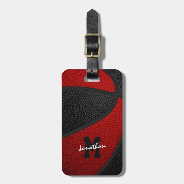red black team colours monogrammed basketball luggage tag (Front Vertical)
