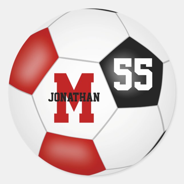 red black team colours soccer ball personalised classic round sticker (Front)