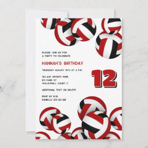 red black team colours volleyballs kids birthday invitation