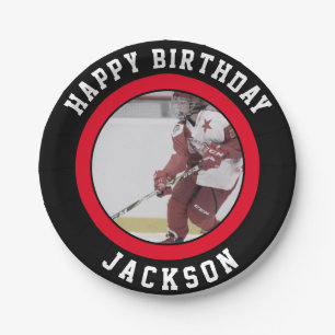 Red black Team Ice Hockey Birthday Party Paper Plate