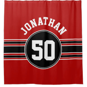 Red Black Team Jersey Fan Gear with Name Number Shower Curtain