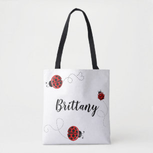Red Black Three Ladybug Polka Dot Bug Beetles Name Tote Bag