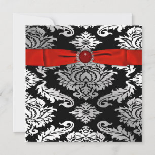 Red Black Tie Black Damask Party Invitation