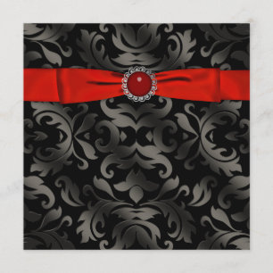 Red Black Tie Black Damask Party Invitation