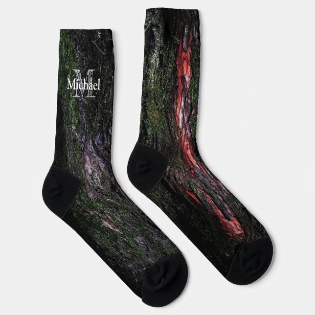 Red black tree mossy wood bark cool Monogram Socks (Right)