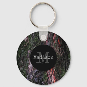 Red black tree mossy wood bark Monogram Key Ring
