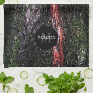 Red black tree mossy wood bark Monogram Tea Towel