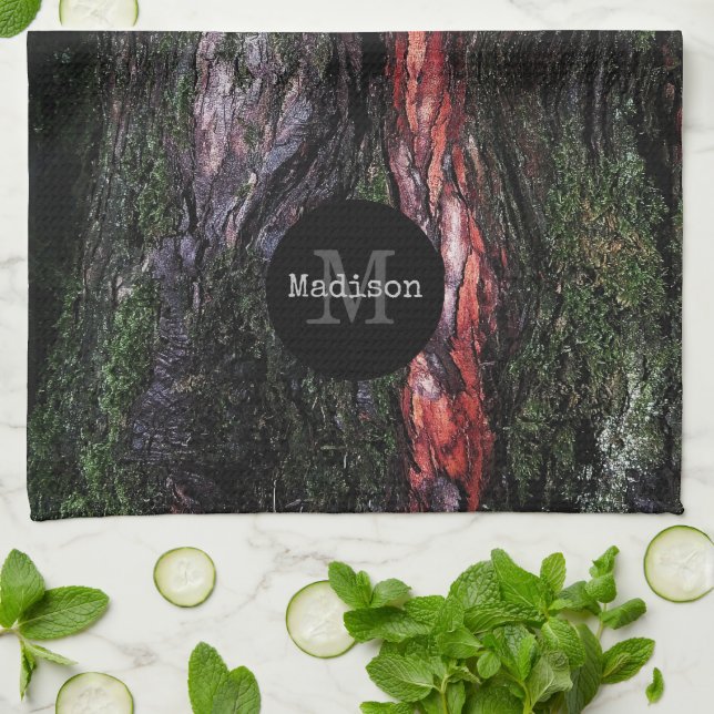 Red black tree mossy wood bark Monogram Tea Towel (Folded)