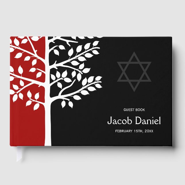 Red Black Tree of Life Bar Mitzvah Guest Book (Front)
