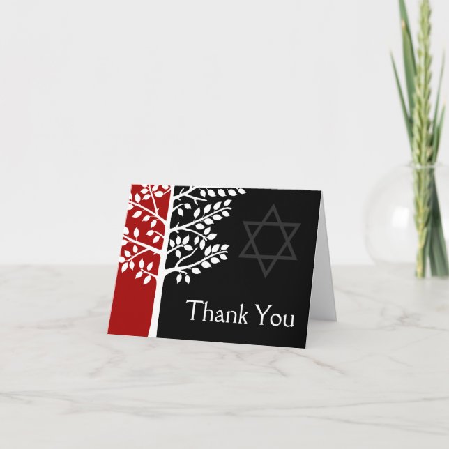 Red Black Tree of Life Bar Mitzvah Thank You (Front)