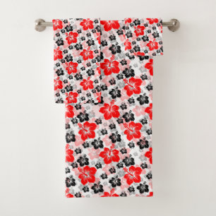 Red Black Tropical Hibiscus Floral Print Bath Towel Set