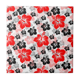 Red Black Tropical Hibiscus Floral Print  Ceramic Tile