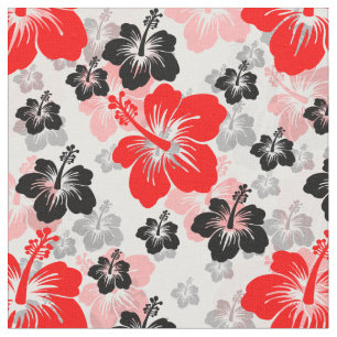Red Black Tropical Hibiscus Floral Print  Fabric