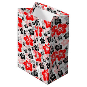 Red Black Tropical Hibiscus Floral Print Medium Gift Bag