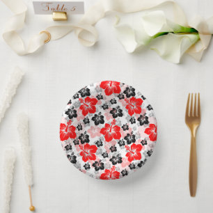 Red Black Tropical Hibiscus Floral Print Paper Plate