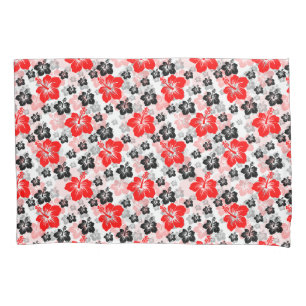 Red Black Tropical Hibiscus Floral Print  Pillowcase