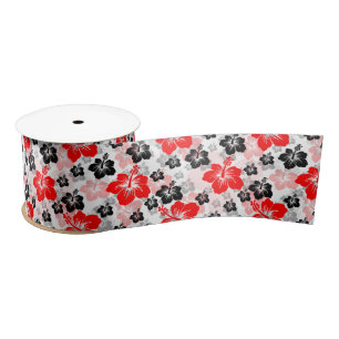 Red Black Tropical Hibiscus Floral Print Satin Ribbon
