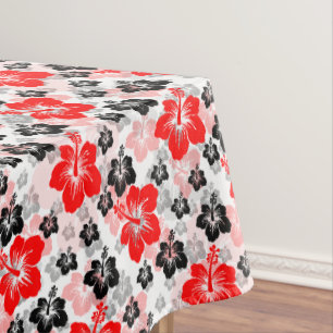 Red Black Tropical Hibiscus Floral Print Tablecloth