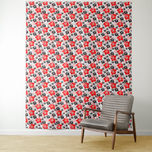 Red Black Tropical Hibiscus Floral Print  Tapestry