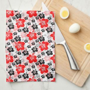 Red Black Tropical Hibiscus Floral Print Tea Towel