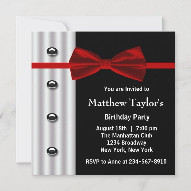 Red Black Tuxedo Bow Tie Mens Birthday Party Invitation (Front)