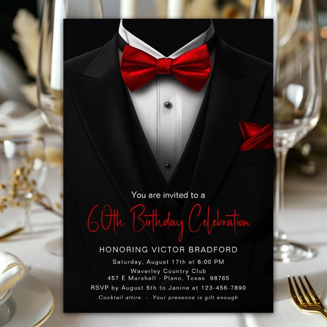 Red Black Tuxedo Mens Any Number Birthday Invitation (Tuxedo and red tie any number birthday and event invitation. Simply add your event details.)
