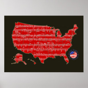 red/black u.s.a. music-notes map poster