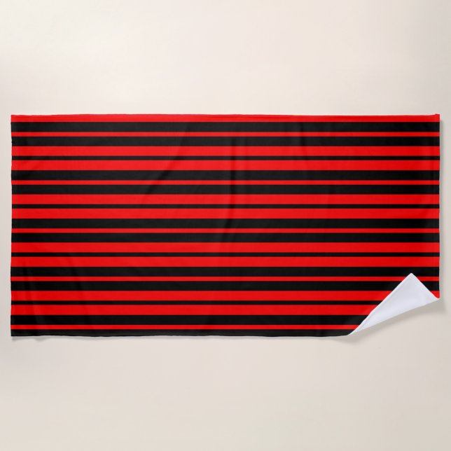 Red Black Vertical Stripes Pattern Beach Towel (Front)