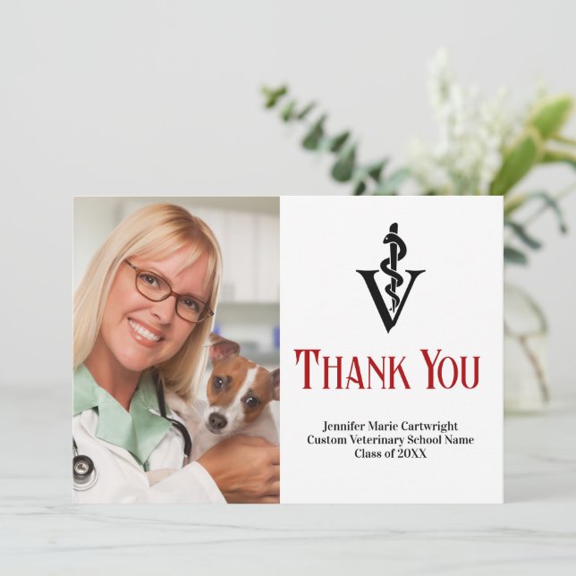 Red Black Veterinarian Office Photo Customisable Thank You Card (Standing Front)