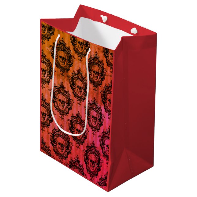 Red & Black Victorian Skulls Pattern Halloween Medium Gift Bag (Front Angled)